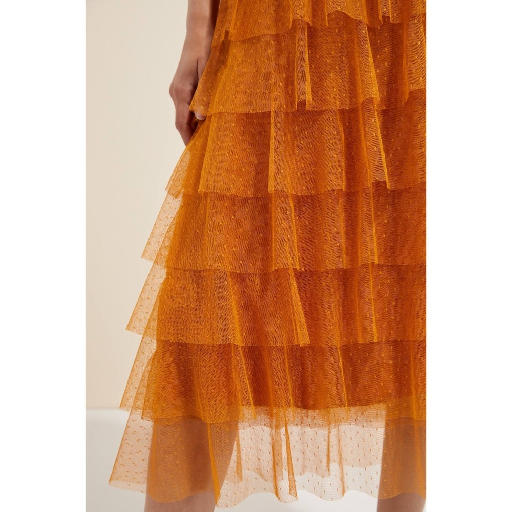 Anthropologie Tiered Tulle Maxi/Midi Skirt Mustard Point D'Esprit Dotted Mesh M - Picture 5 of 6